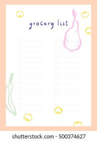 Simple and beautiful Grocery List vector template. Printable Grocery List design, ready to use. Shopping List decorated with ink fruits.