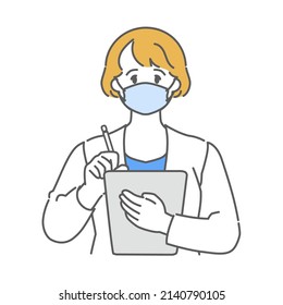 It is a simple and beautiful illustration of a white-clad doctor who writes with a pen.