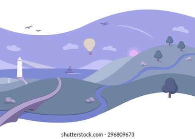 A simple and beautiful landscape vector illustration in a clean and flat style with a retro touch. Rolling hills and the ocean with a lighthouse and a majestic sunrise. 