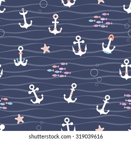 Simple and beautiful nautical seamless vector pattern with anchors, sea creatures and waves. Cute marine elements on navy isolated background. Pattern could be used as print for web, paper or textile.