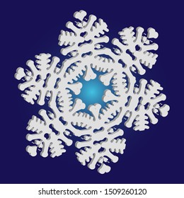 Simple, beautiful snowflake on blue background.  Original concept with expressive forms and colors. Vector illustration - overlay. White luxury isolated 3d silhouette of frosty christmas symbol.