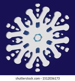Simple, beautiful snowflake on blue background.  Vector illustration - graphics. Colorful concept with expressive forms and colors. White luxury isolated 3d silhouette of frosty christmas symbol.