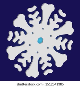 Simple, beautiful snowflake on blue background.  Colorful concept with expressive forms and colors. Vector illustration - template. White luxury isolated 3d silhouette of frosty christmas symbol.