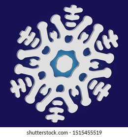 Simple, beautiful snowflake on blue background.  Vector illustration - postcard. Creative concept with expressive forms and colors. White luxury isolated 3d silhouette of frosty christmas symbol.