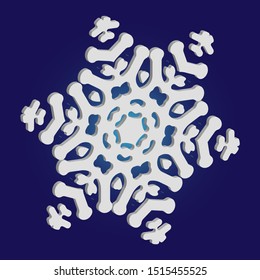 Simple, beautiful snowflake on blue background.  Geometric concept with expressive forms and colors. Vector illustration - shape. White luxury isolated 3d silhouette of frosty christmas symbol.