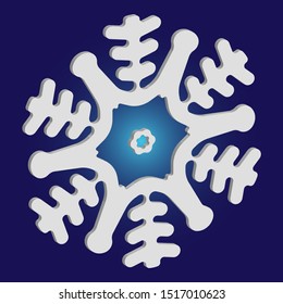 Simple, beautiful snowflake on blue background.  Vector illustration - shape. Colorful concept with expressive forms and colors. White luxury isolated 3d silhouette of frosty christmas symbol.