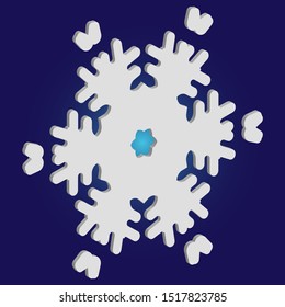 Simple, beautiful snowflake on blue background.  Vector illustration - wallpaper. Creative concept with expressive forms and colors. White luxury isolated 3d silhouette of frosty christmas symbol.