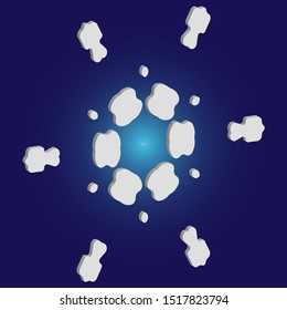 Simple, beautiful snowflake on blue background.  Colorful concept with expressive forms and colors. Vector illustration - pattern. White luxury isolated 3d silhouette of frosty christmas symbol.