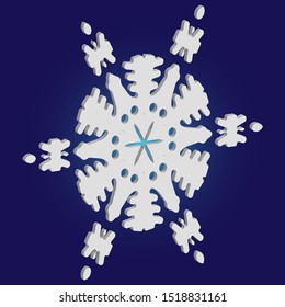 Simple, beautiful snowflake on blue background.  Effective concept with expressive forms and colors. Vector illustration - texture. White luxury isolated 3d silhouette of frosty christmas symbol.