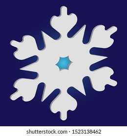 Simple, beautiful snowflake on blue background.  Vector illustration - icon.  3d silhouette of frosty christmas symbol.