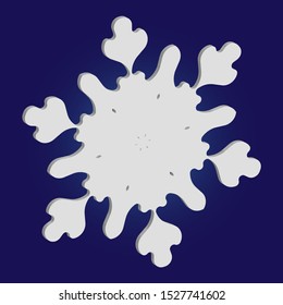 Simple, beautiful snowflake on blue background.  Vector illustration - poster. Abstract concept with expressive forms and colors. White luxury isolated 3d silhouette of frosty christmas symbol.