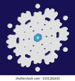 Simple, beautiful snowflake on blue background.  Magic concept with expressive forms and colors. Vector illustration - icon. White luxury isolated 3d silhouette of frosty christmas symbol.