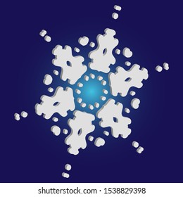 Simple, beautiful snowflake on blue background.  Vector illustration - decoration. Geometric concept with expressive forms and colors. White luxury isolated 3d silhouette of frosty christmas symbol.