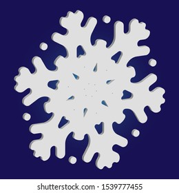 Simple, beautiful snowflake on blue background.  Vector illustration - icon. Geometric concept with expressive forms and colors. White luxury isolated 3d silhouette of frosty christmas symbol.