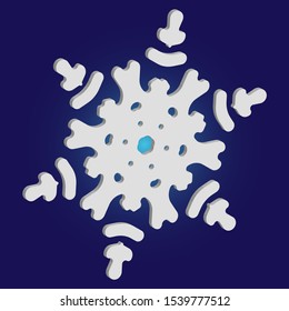 Simple, beautiful snowflake on blue background.  Vector illustration - graphics. Colorful concept with expressive forms and colors. White luxury isolated 3d silhouette of frosty christmas symbol.