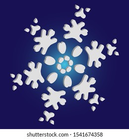 Simple, beautiful snowflake on blue background.  Vector illustration - frame. Magic concept with expressive forms and colors. White luxury isolated 3d silhouette of frosty christmas symbol.