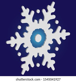 Simple, beautiful snowflake on blue background.  Clean concept with expressive forms and colors. Vector illustration - texture. White luxury isolated 3d silhouette of frosty christmas symbol.