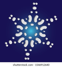 Simple, beautiful snowflake on blue background.  Vector illustration - frame. Minimal concept with expressive forms and colors. White luxury isolated 3d silhouette of frosty christmas symbol.