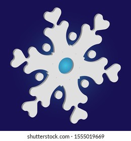 Simple, beautiful snowflake on blue background.  Vector illustration - decoration. Cool concept with expressive forms and colors. White luxury isolated 3d silhouette of frosty christmas symbol.