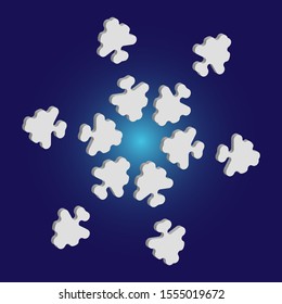 Simple, beautiful snowflake on blue background.  Colorful concept with expressive forms and colors. Vector illustration - art. White luxury isolated 3d silhouette of frosty christmas symbol.