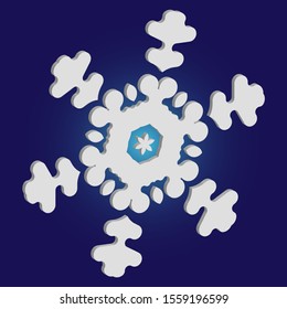 Simple, beautiful snowflake on blue background.  Vector illustration - graphics. Cool concept with expressive forms and colors. White luxury isolated 3d silhouette of frosty christmas symbol.
