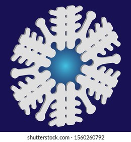 Simple, beautiful snowflake on blue background.  Vector illustration - graphics. Creative concept with expressive forms and colors. White luxury isolated 3d silhouette of frosty christmas symbol.