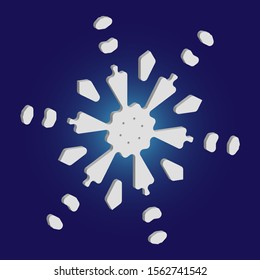 Simple, beautiful snowflake on blue background.  Vector illustration - overlay. Magic concept with expressive forms and colors. White luxury isolated 3d silhouette of frosty christmas symbol.