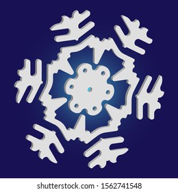 Simple, beautiful snowflake on blue background.  Vector illustration - texture. Geometric concept with expressive forms and colors. White luxury isolated 3d silhouette of frosty christmas symbol.