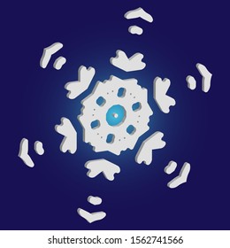 Simple, beautiful snowflake on blue background.  Abstract concept with expressive forms and colors. Vector illustration - frame. White luxury isolated 3d silhouette of frosty christmas symbol.