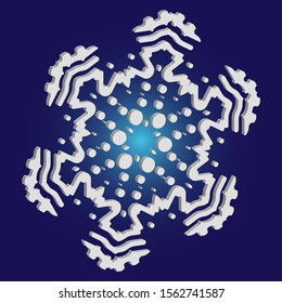 Simple, beautiful snowflake on blue background.  Vector illustration - overlay. Minimal concept with expressive forms and colors. White luxury isolated 3d silhouette of frosty christmas symbol.