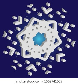 Simple, beautiful snowflake on blue background.  Vector illustration - icon. Creative concept with expressive forms and colors. White luxury isolated 3d silhouette of frosty christmas symbol.
