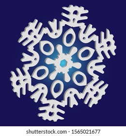 Simple, beautiful snowflake on blue background.  Vector illustration - template. Geometric concept with expressive forms and colors. White luxury isolated 3d silhouette of frosty christmas symbol.