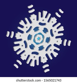 Simple, beautiful snowflake on blue background.  Vector illustration - overlay. Original concept with expressive forms and colors. White luxury isolated 3d silhouette of frosty christmas symbol.