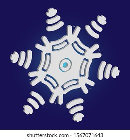 Simple, beautiful snowflake on blue background.  Geometric concept with expressive forms and colors. Vector illustration - decoration. White luxury isolated 3d silhouette of frosty christmas symbol.
