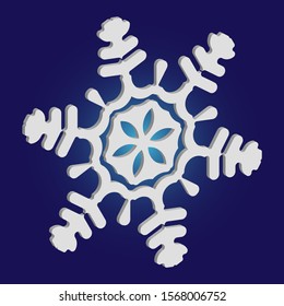 Simple, beautiful snowflake on blue background.  Abstract concept with expressive forms and colors. Vector illustration - poster. White luxury isolated 3d silhouette of frosty christmas symbol.