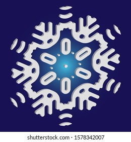 Simple, beautiful snowflake on blue background.  Vector illustration - decoration. Effective concept with expressive forms and colors. White luxury isolated 3d silhouette of frosty christmas symbol.