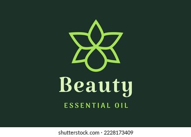 Logotipo de cuidado de belleza simple con gotita de aceite de hoja