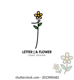 Einfach und schön Anfangsbuchstabe I Line Stil kombiniert mit Sonnenblume und zwei grünen Blättern