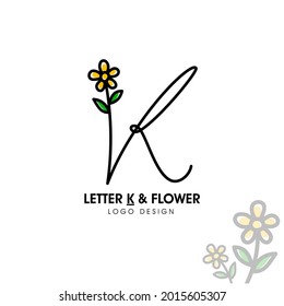 Estilo de la línea K del logotipo inicial simple y de belleza que se combina con girasol y dos hojas verdes