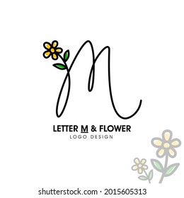 Simple and beauty initial logo letter M line style combining with sunflower and two green leaf