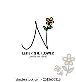 Simple and beauty initial logo letter N line style combining with sunflower and two green leaf