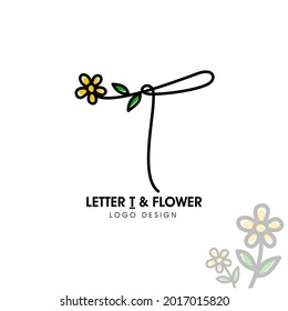Letra inicial del logo simple y bella estilo de la línea T que se combina con girasol y dos hojas verdes