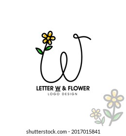 Simple and beauty initial logo letter W line style combining with sunflower and two green leaf