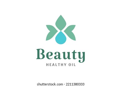 Einfaches Beauty-Logo mit Blattform und Öl- oder Wassertropfen