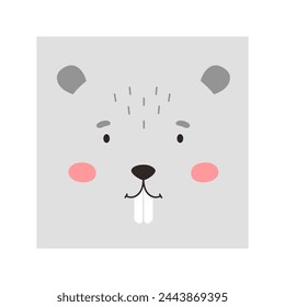Simple beaver portrait. Cute animal head portrait, kawaii beaver face flat illustration