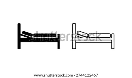 Simple Bed Icon: Sleeping Furniture for Hotel Accommodation or Hospital Patient Room Outline and Solid Black Symbol