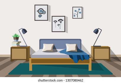 Simple bedroom design with bed shelves and paintings. Interior of the room in a flat style.