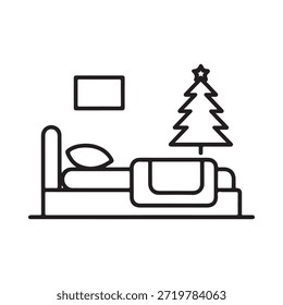 Simples ilustração interior do quarto com um criado-mudo e árvore de natal