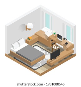 Ilustración vectorial isométrica de dormitorio simple