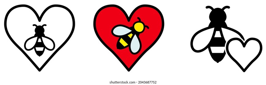 Simple bee icon in heart symbol, different versions